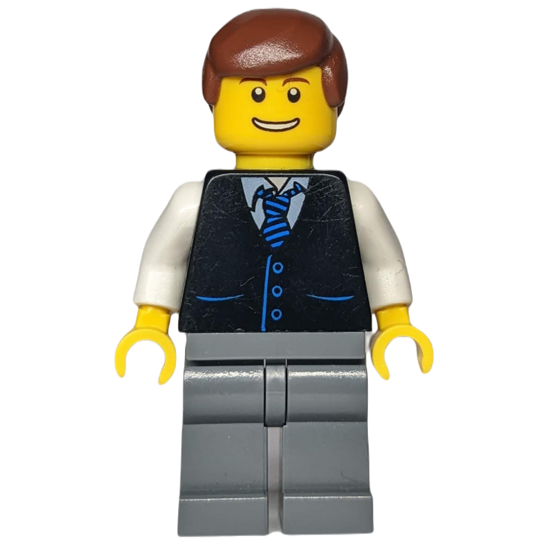 Homme - gilet noir, jambes gris bleuté foncé, cheveux brun rougeâtre (Man - Black Vest, Dark Bluish Gray Legs, Reddish Brown Hair)