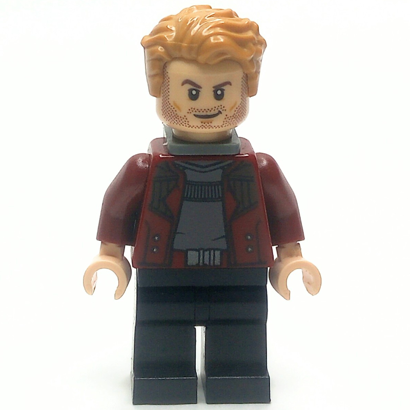 Star-Lord en tenue rouge foncé avec veste ouverte et support de cou (Star-Lord in Dark Red Outfit with Open Jacket and Neck Bracket)