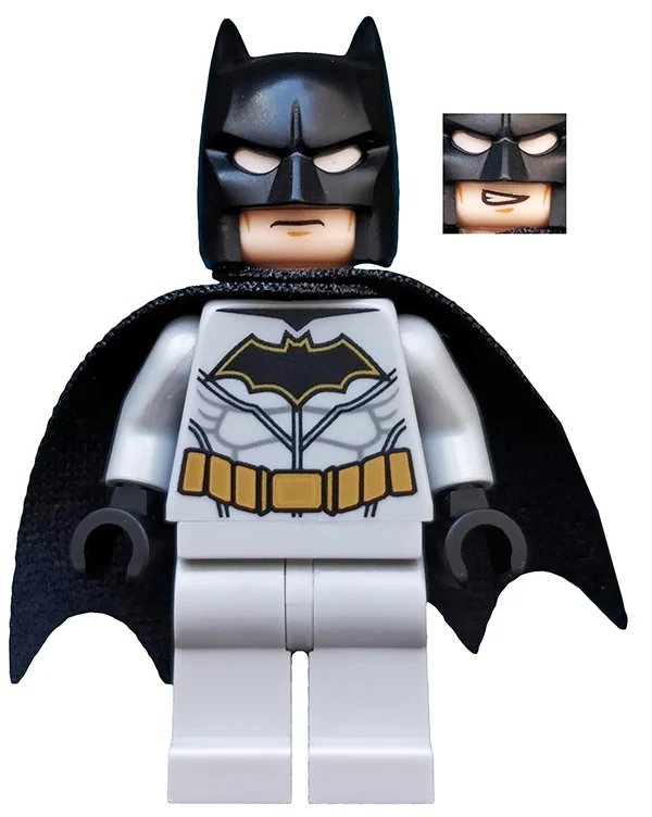 Batman, costume gris clair bleuté, cape noire et capot, tête de nougat clair, logo Batman doré (Batman, Light Bluish Gray Suit, Black Cape and Cowl, Light Nougat Head, Gold Trim Batman Logo)