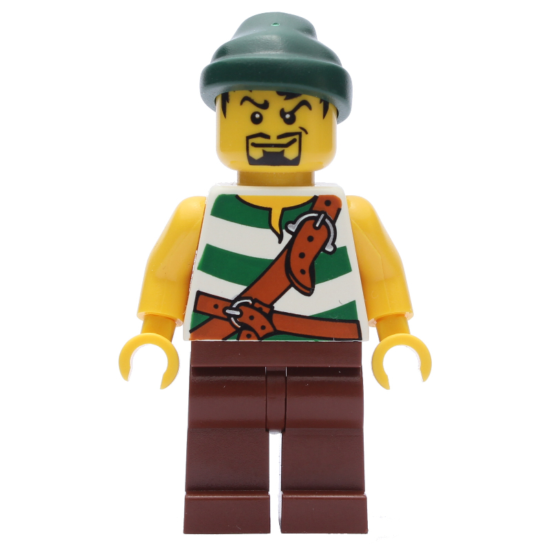 Pirate - rayures vertes, jambes brun rougeâtre, bandana vert foncé, barbe noire (Pirate - Green Stripes, Reddish Brown Legs, Dark Green Bandana, Black Beard)