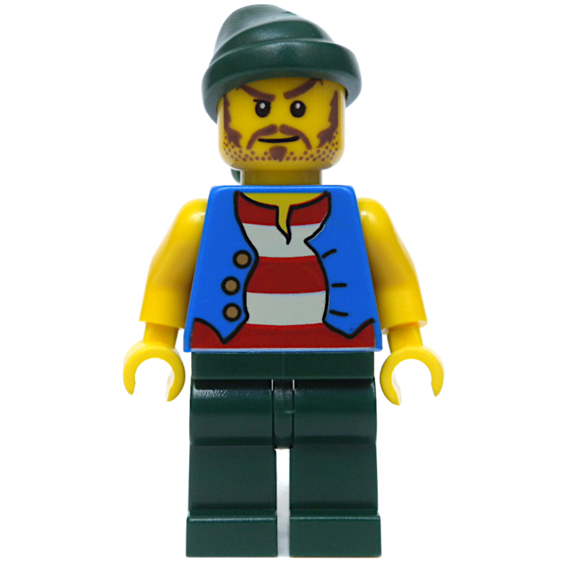 Pirate - gilet bleu, jambes vert foncé, bandana vert foncé, longue moustache (Pirate - Blue Vest, Dark Green Legs, Dark Green Bandana, Long Moustache)
