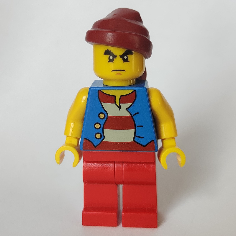 Pirate - gilet bleu, jambes rouges, bandana rouge foncé, sourcils broussailleux (Pirate - Blue Vest, Red Legs, Dark Red Bandana, Bushy Eyebrows)