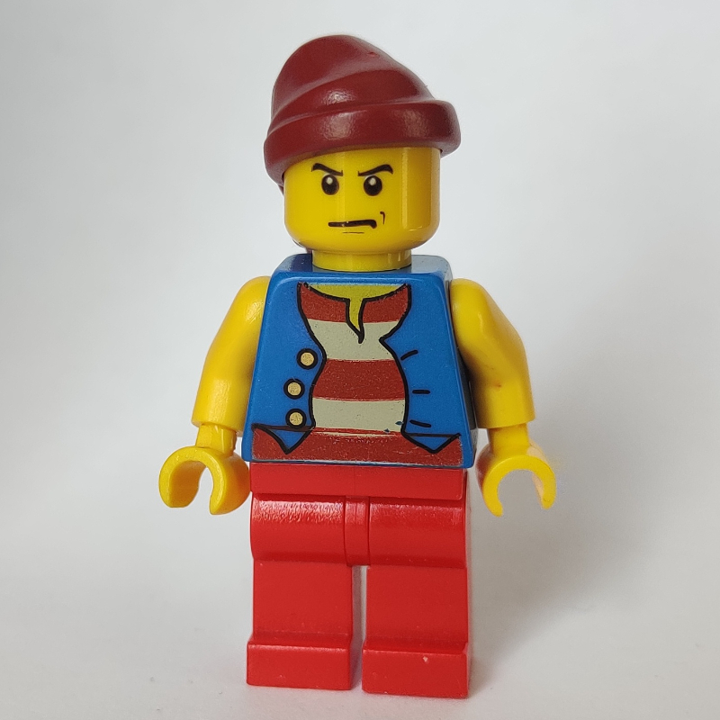 Pirate - gilet bleu, jambes rouges, bandana rouge foncé, regard menaçant (Pirate - Blue Vest, Red Legs, Dark Red Bandana, Scowl)