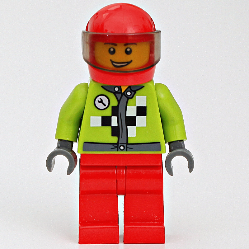 Coureur avec veste vert citron à carreaux noirs et blancs, casque rouge avec visière brun transparent (Racer with Lime Jacket with Black and White Checks, Red Helmet with Trans-Brown Visor)