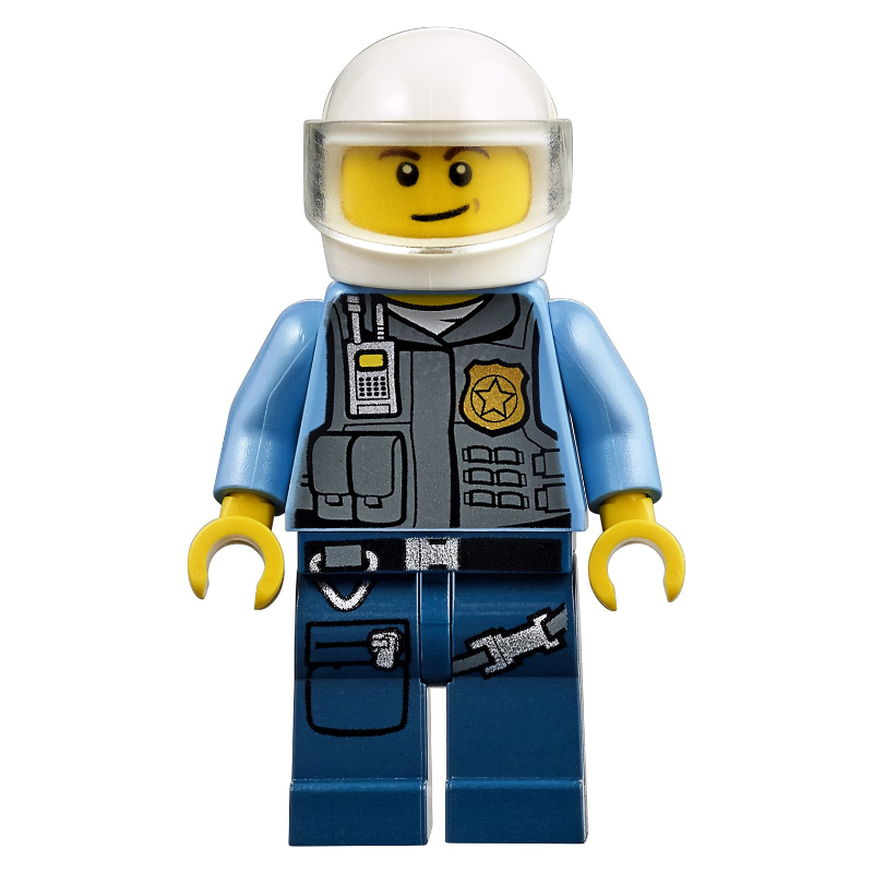 Policier en gilet avec badge or, radio et poches. casque blanc avec visière transparent-claire (Policeman in Vest with Gold Badge, Radio, and Pockets. White Helmet with Trans-Clear Visor)