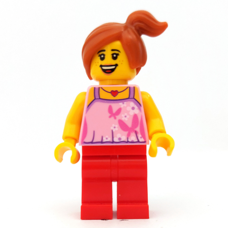 Enfant avec sommet rose vif avec des papillons et des fleurs, jambes rouges, queue de cheval décentrée (Child with Bright Pink Top with Butterflies and Flowers, Red Legs, Off-center Ponytail)