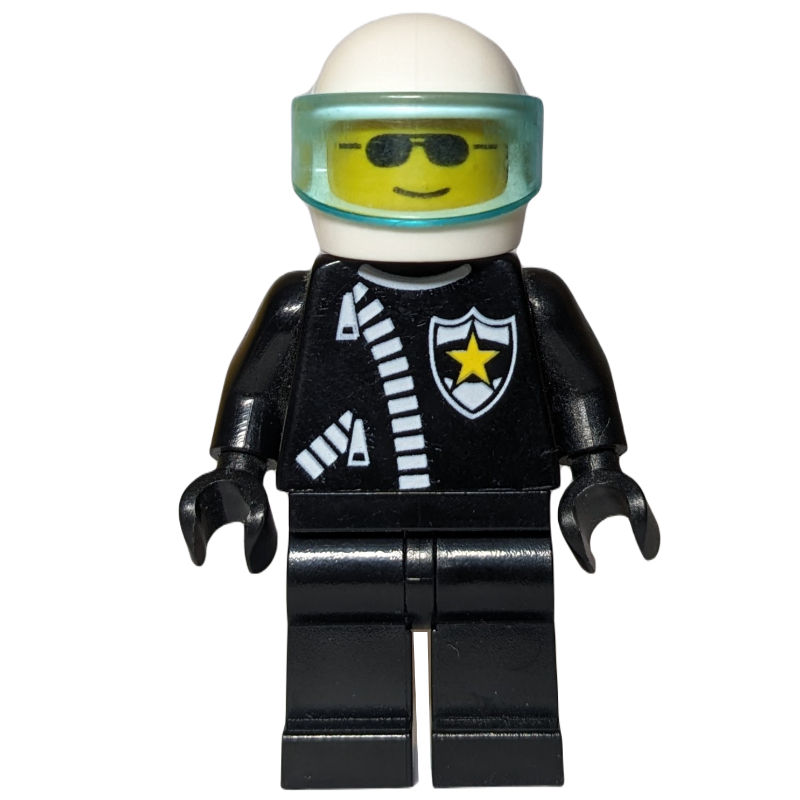 Policier, veste noire avec fermeture éclair et badge, casque blanc avec visière bleu clair transparent (Policeman, Black Jacket with Zipper and Badge, White Helmet with Trans-Light Blue Visor)