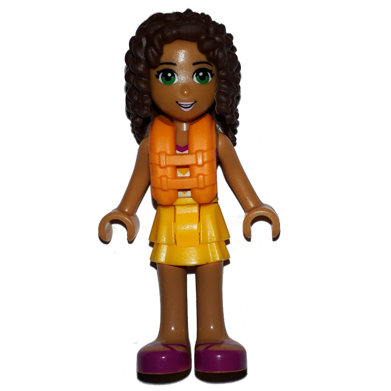 Andrea — jupe en couches orange clair, haut licol avec rayures chevron orange clair et gilet de sauvetage (Andrea - Bright Light Orange Layered Skirt, Halter Top with Bright Light Orange Chevron Stripes and Life Jacket)