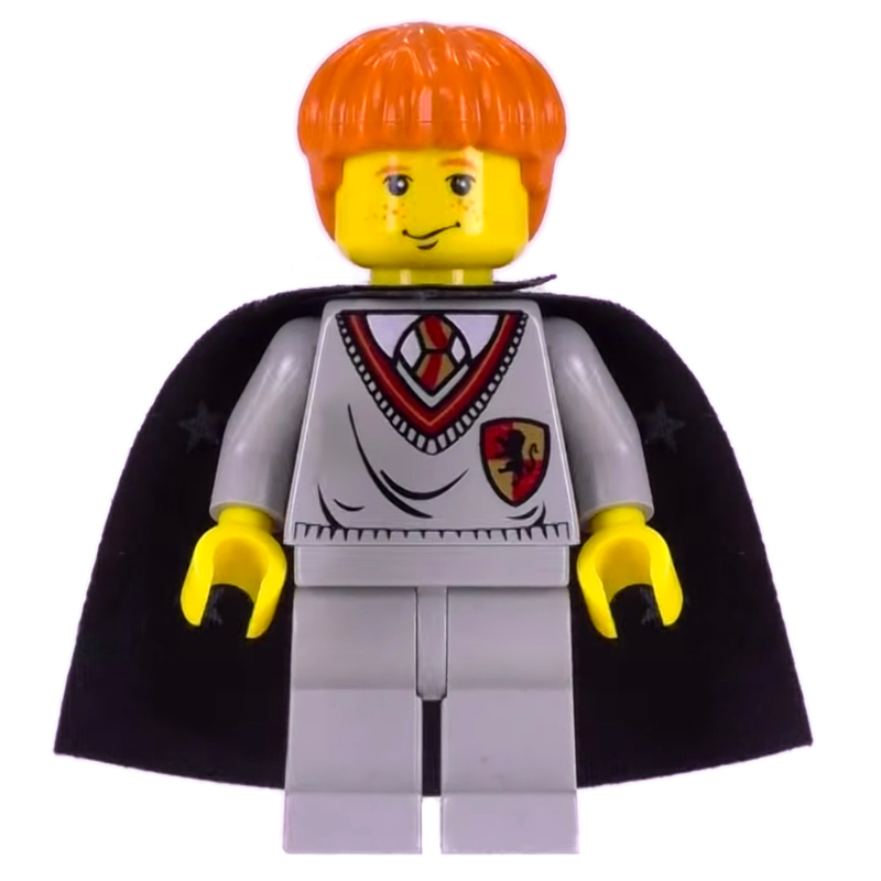 Ron Weasley, peau jaune, pull de Gryffondor avec blason, cape avec étoiles (Ron Weasley, Yellow Skin, Gryffindor Sweater with Crest, Cape with Stars)