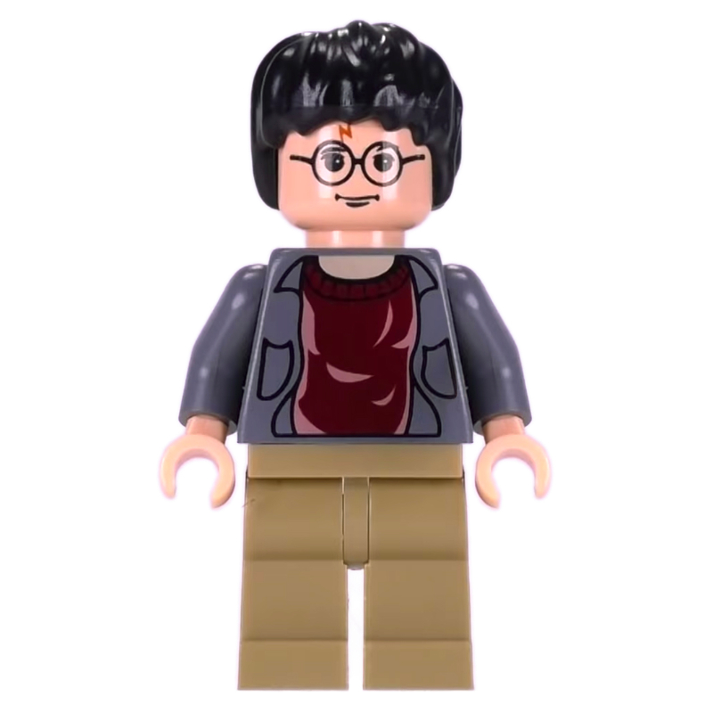 Harry Potter, veste ouverte gris bleuté foncé sur chemise rouge foncé, jambes beige foncé (Harry Potter, Open Dark Bluish Gray Jacket over Dark Red Shirt, Dark Tan Legs)