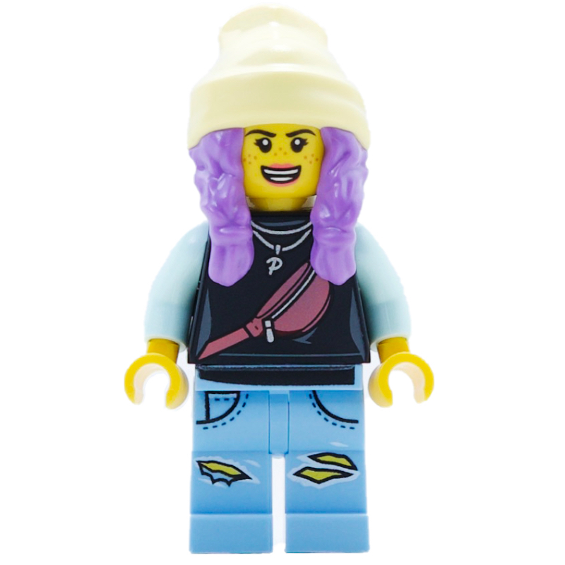 Parker L. Jackson, haut noir, chapeau de bonnet jaune clair vif, cheveux lavande moyen, effrayé / bouche ouverte (Parker L. Jackson, Black Top, Bright Light Yellow Beanie Hat, Medium Lavender Hair, Scared / Open Mouth)