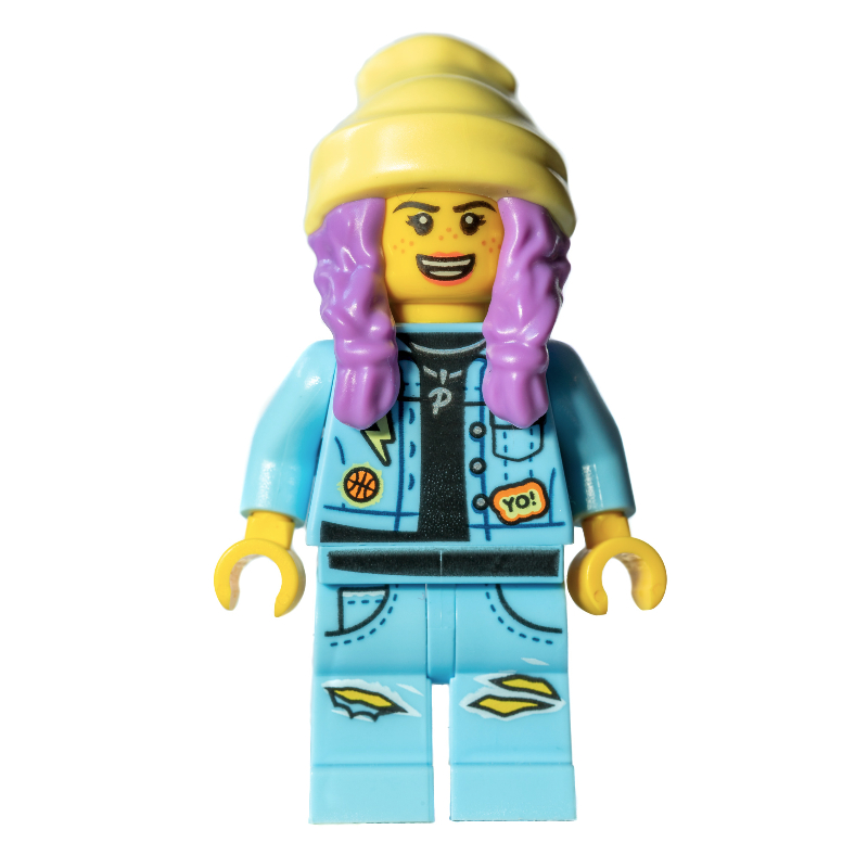 Parker l. jackson, veste en denim bleu clair lumineux, bonnet jaune clair lumineux, cheveux lavande moyen, bouche effrayée / ouverte (Parker L. Jackson, Bright Light Blue Denim Jacket, Bright Light Yellow Beanie Hat, Medium Lavender Hair, Scared / Open Mouth)