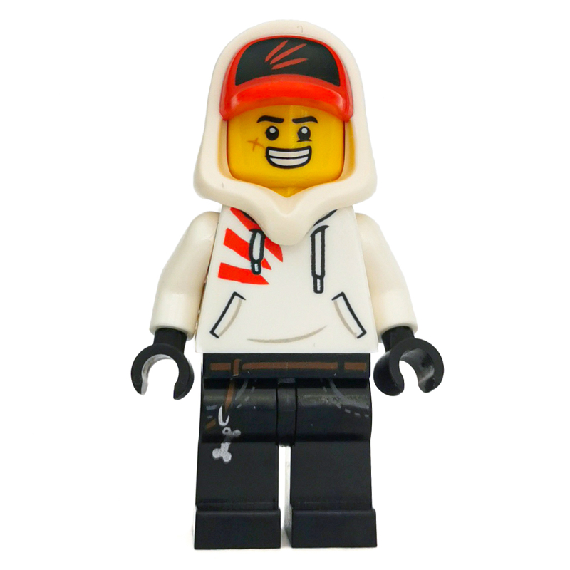 Jack davids, sweat à capuche blanc avec capuche et casquette rouge, en colère / grand sourire (Jack Davids, White Hoodie with Hood and Red Cap, Angry / Large Grin)