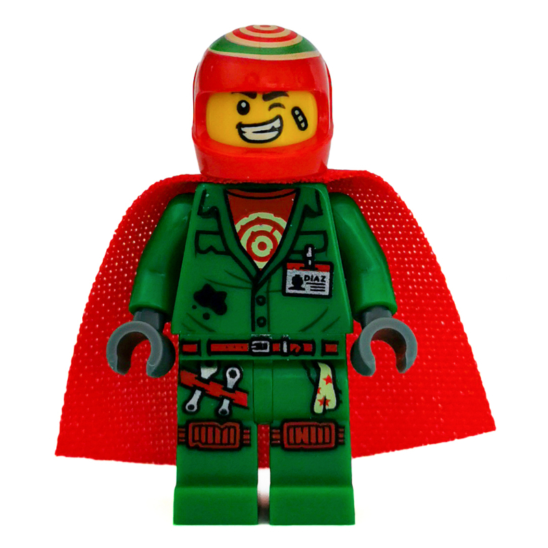 Douglas elton / el fuego, tenue verte avec casque rouge et cape (Douglas Elton / El Fuego, Green Outfit with Red Helmet and Cape)