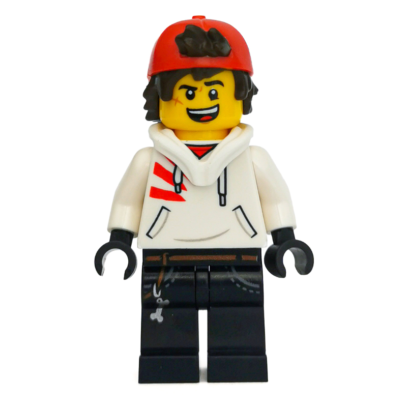 Jack davids, sweat à capuche blanc avec capuche abaissée et casquette arrière rouge, bouche effrayée / ouverte (Jack Davids, White Hoodie with Downed Hood and Red Backwards Cap, Scared / Open Mouth)