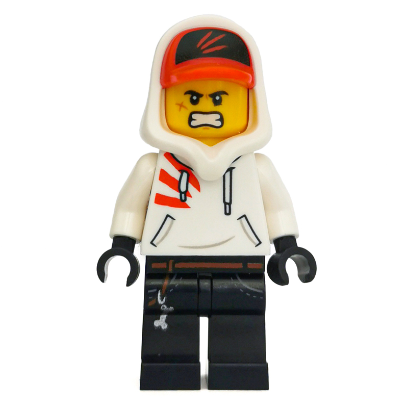 Jack Davids, sweat à capuche blanc avec capuche et casquette rouge, en colère / sourire (Jack Davids, White Hoodie with Hood and Red Cap, Angry / Smile)