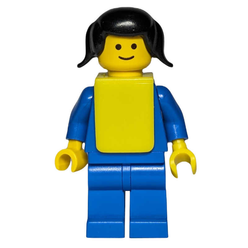 Femme, torse et jambes bleu uni, cheveux en couettes noirs, dossard jaune (Female, Plain Blue Torso and Legs, Black Pigtails Hair, Yellow Bib)