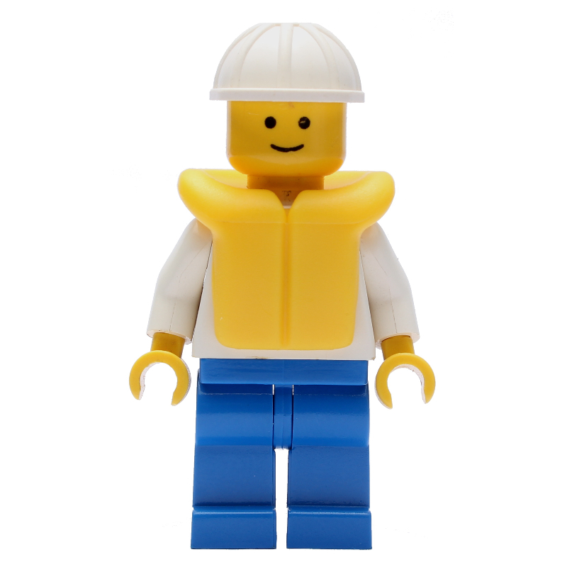 Travailleur de bateau, chemise blanche avec l'ancre, jambes bleues, casque de chantier blanc, gilet de sauvetage jaune (Boat Worker, White Shirt with Anchor, Blue Legs, White Hard Hat, Yellow Life Vest)