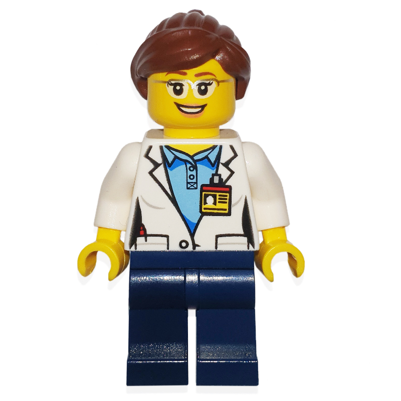 Scientifique, jambes bleu foncé, badge nominatif, lunettes, femme (Scientist, Dark Blue Legs, Name Badge, Glasses, Female)