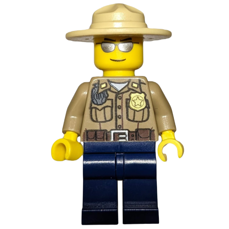 Police forestière / ranger, chemise beige foncé avec radio et badge, jambes bleu foncé, chapeau de campagne beige, lunettes de soleil argentées (Forest Police / Ranger, Dark Tan Shirt with Radio and Badge, Dark Blue Legs, Tan Campaign Hat, Silver Sunglasses)