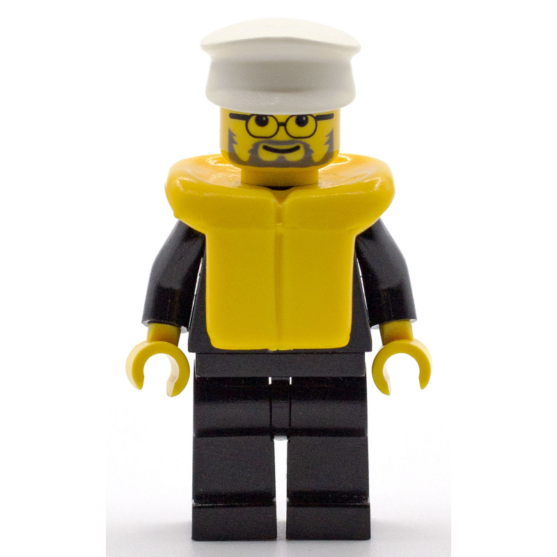 Policier, costume noir avec badge, chapeau blanc, gilet de sauvetage, lunettes (Policeman, Black Suit with Badge, White Hat, Life Vest, Glasses)