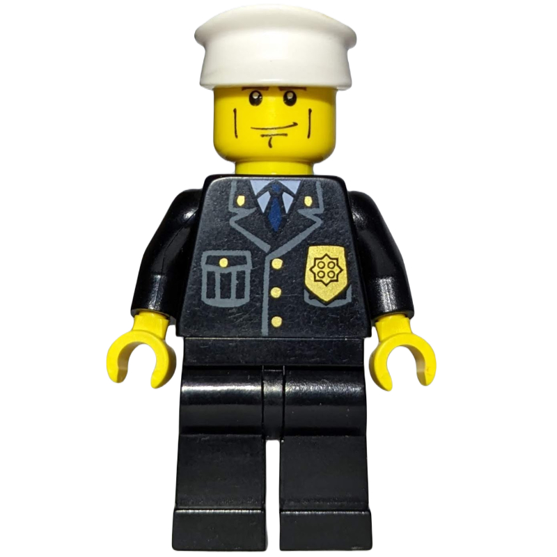 Policier, costume noir avec badge, chapeau blanc, traits sur les joues, sourcils bruns (Policeman, Black Suit with Badge, White Hat, Cheek Lines, Brown Eyebrows)