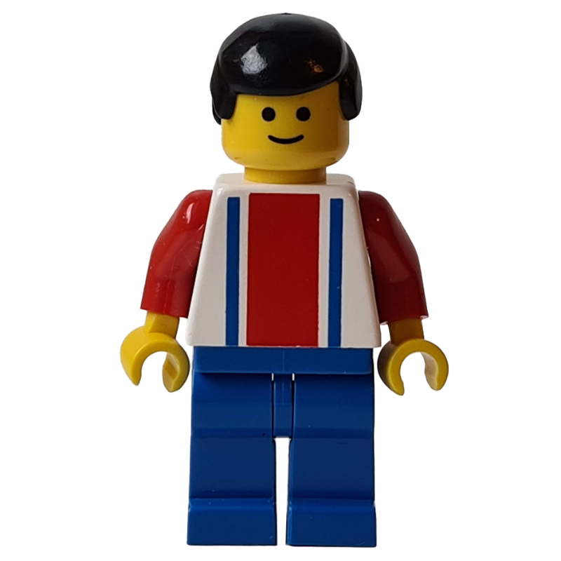 Torse blanc, rayures bleues/res, jambes bleues, cheveux noirs, #2 (Soccer Player White Torso, Blue/Res Stripes, Blue Legs, Black Hair, #2)