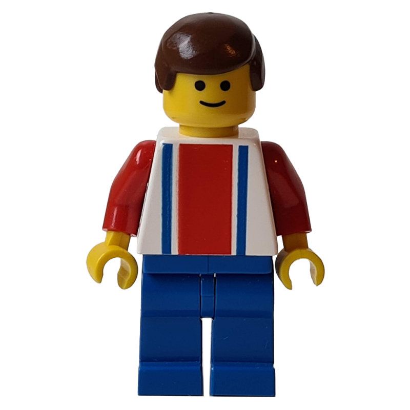 Torse blanc, rayures bleues/res, jambes bleues, cheveux bruns, #7 (Soccer Player White Torso, Blue/Res Stripes, Blue Legs, Brown Hair, #7)