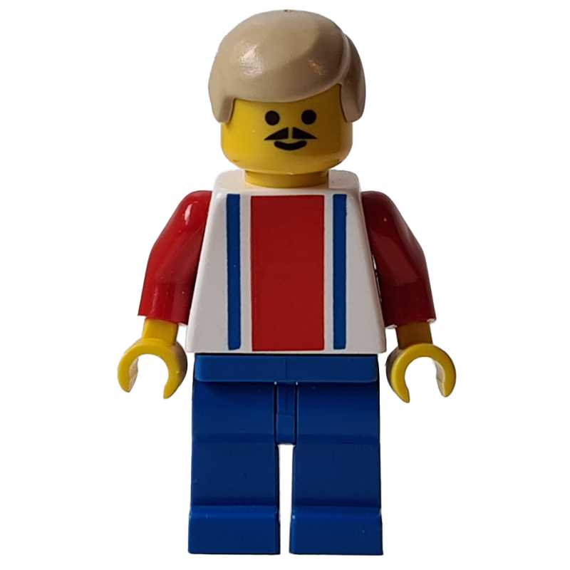 Torse blanc, rayures bleues/res, jambes bleues, cheveux beiges, #9 (Soccer Player White Torso, Blue/Res Stripes, Blue Legs, Tan Hair, #9)