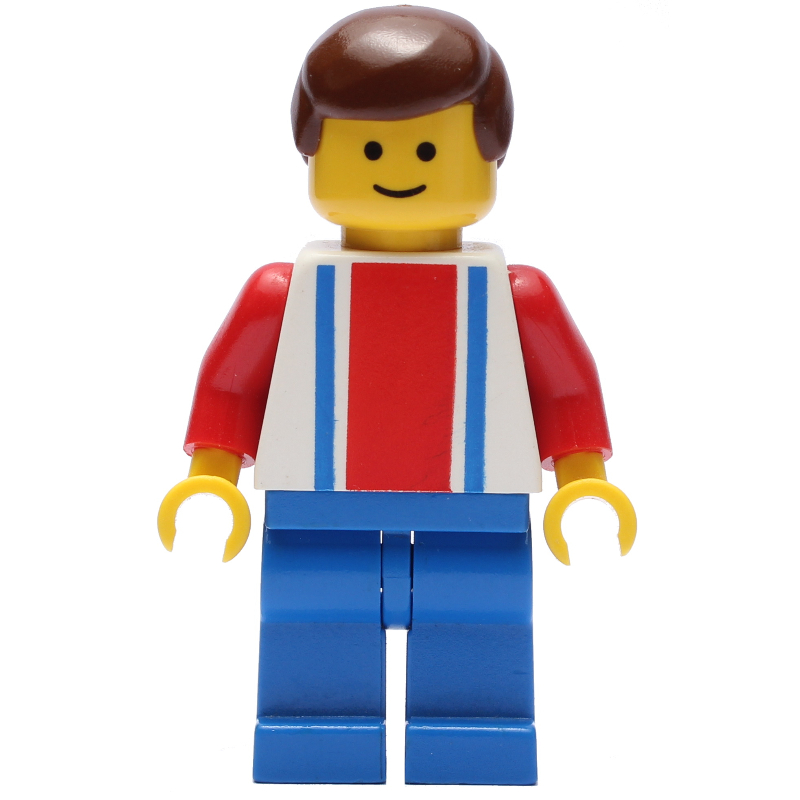 Torse blanc, rayures bleues/res, jambes bleues, cheveux bruns, 10, (Soccer Player White Torso, Blue/Res Stripes, Blue Legs, Brown Hair, #10)