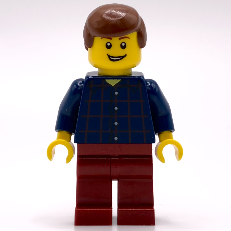 Homme, chemise à carreaux, jambes rouge foncé, cheveux brun rougeâtre (Man, Plaid Shirt, Dark Red Legs, Reddish Brown Hair)