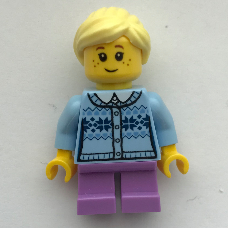 Fille, cardigan bleu clair, jambes courtes lavande moyen (Girl, Cardigan Light Bright Blue, Short Medium Lavender Legs)