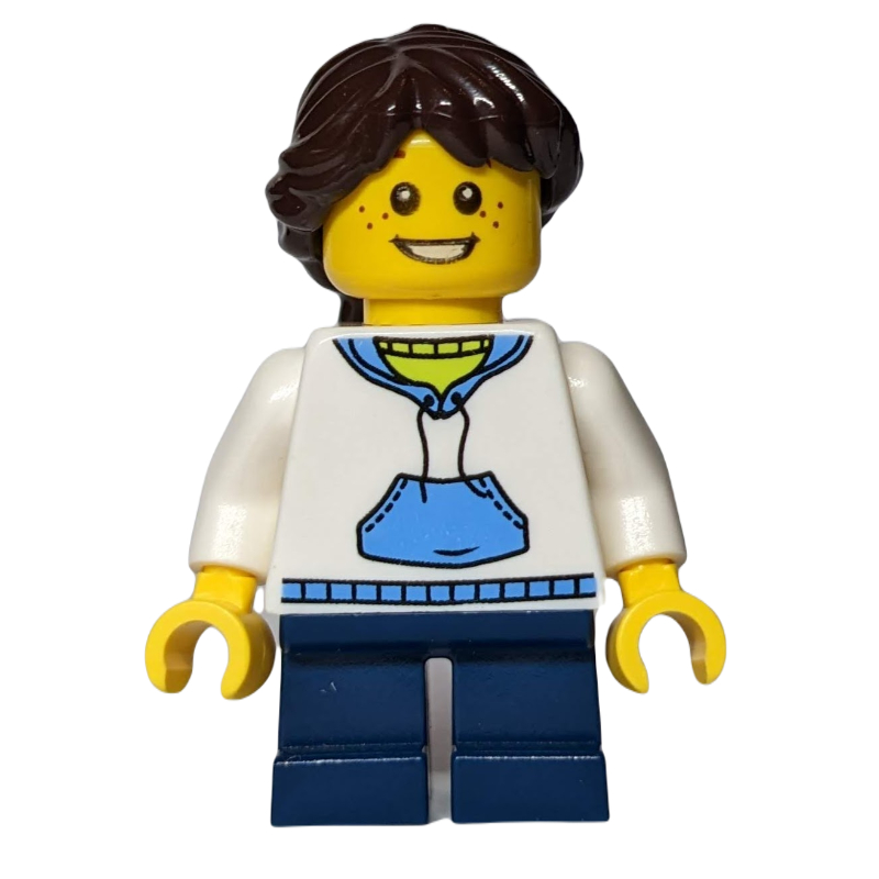 Fille, sweat à capuche blanc, courtes jambes bleu foncé (Girl, White Hoodie, Short Dark Blue Legs)