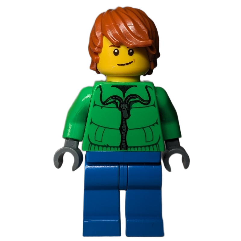Homme, veste vert vif, jambes bleues (Man, Bright Green Jacket, Blue Legs)