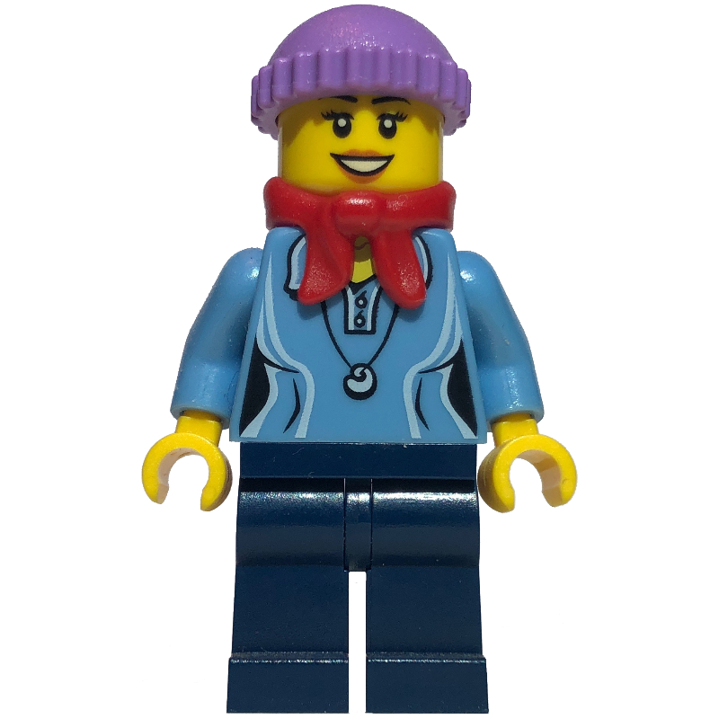 Femme, polo bleu moyen avec collier, jambes bleu foncé, écharpe bandana rouge, chapeau lavande moyen (Woman, Medium Blue Polo Shirt with Necklace, Dark Blue Legs, Red Bandana Scarf, Medium Lavender Hat)