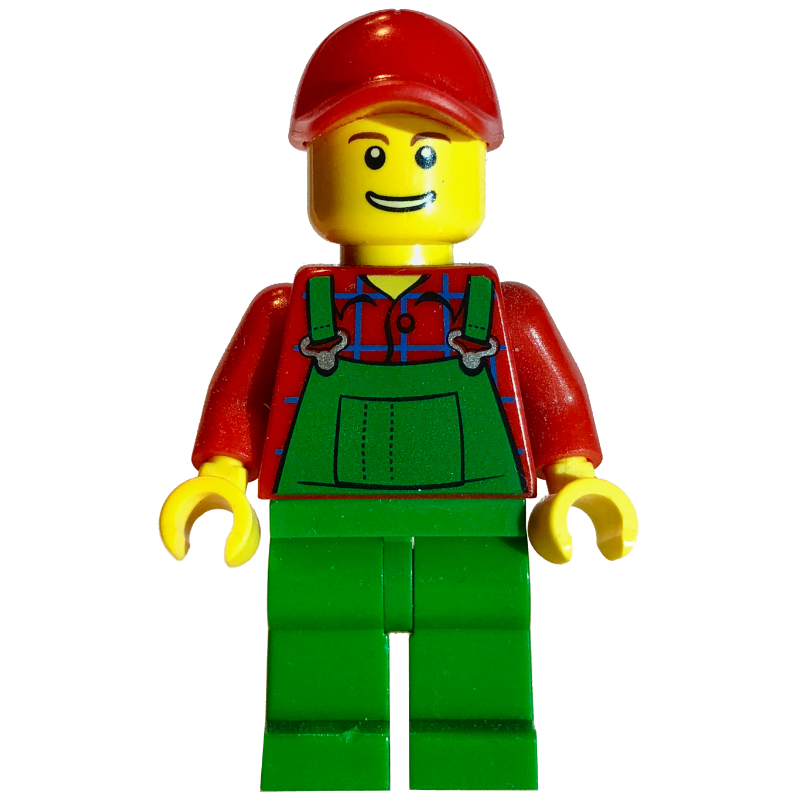 Homme, salopette verte sur chemise rouge, casquette rouge (Man, Green Overalls over Red Shirt, Red Cap)