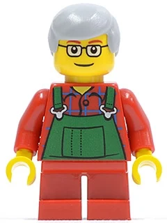 Elfe, salopette verte, jambes courtes rouges, cheveux gris bleuté clair, lunettes (Elf, Green Overalls, Short Red Legs, Light Bluish Gray Hair, Glasses)
