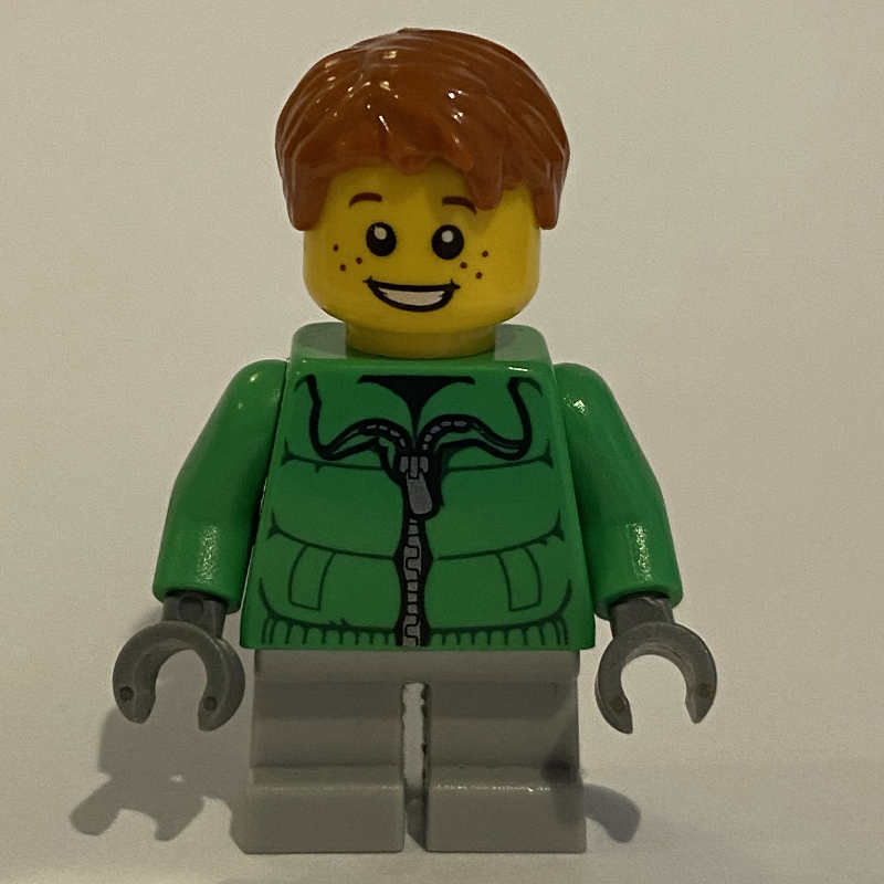 Garçon, veste verte, courtes jambes gris bleuté clair, cheveux orange foncé (Boy, Green Jacket, Short Light Bluish Gray Legs, Dark Orange Hair)