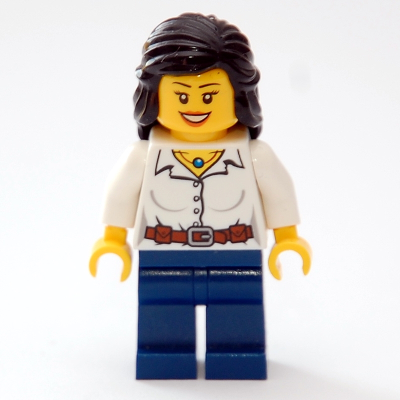 Femme, chemisier blanc, jambes bleu foncé, cheveux noirs (Female, White Blouse, Dark Blue Legs, Black Hair)