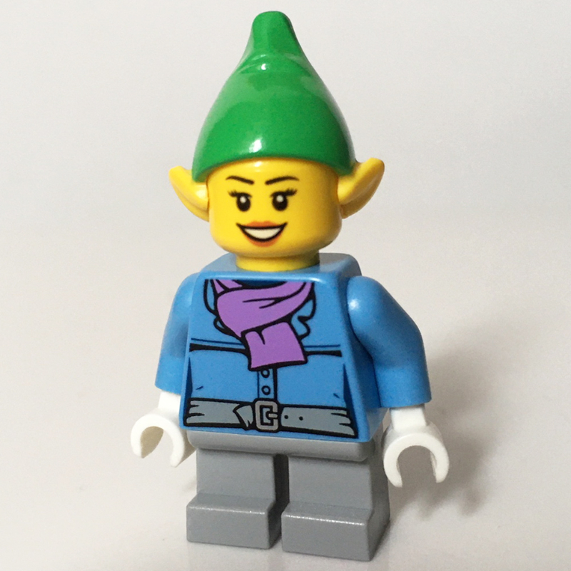 Elf, veste bleu moyen avec écharpe lavande moyen, chapeau vert vif (Elf, Medium Blue Jacket with Medium Lavender Scarf, Bright Green Hat)