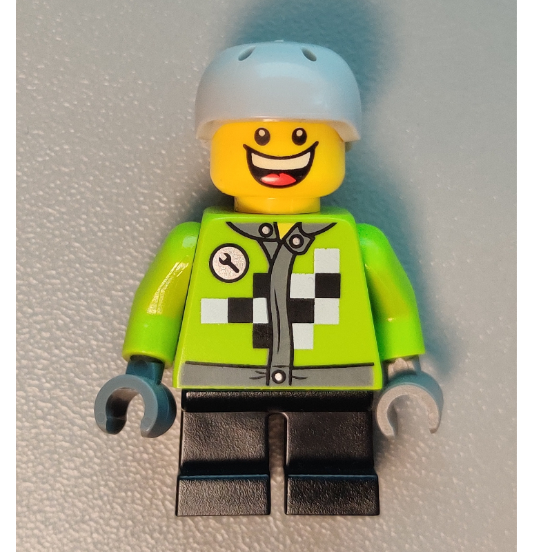 Garçon, jack vert citron à carreaux noirs et blancs, courtes jambes noires, casque gris bleuté clair (Boy, Lime Jack with Black and White Checks, Short Black Legs, Light Bluish Gray Helmet)