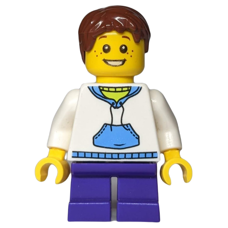Garçon, sweat à capuche blanc et bleu, jambes courtes pourpre foncé, cheveux brun rougeâtre (Boy, White and Blue Hoodie, Short Dark Purple Legs, Reddish Brown Hair)