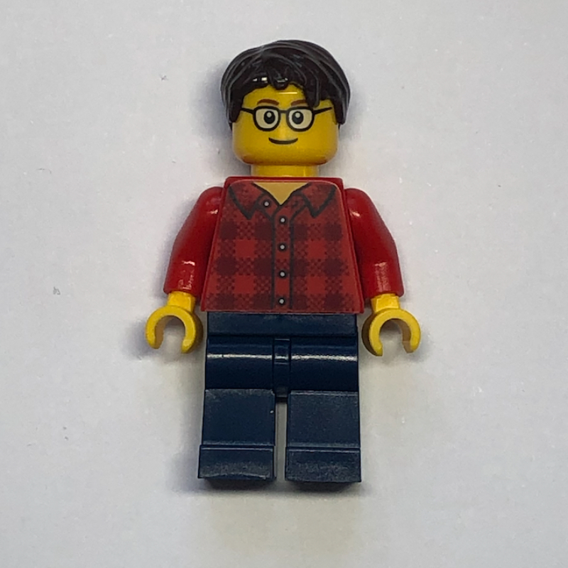 Homme, chemise en flanelle rouge, jambes bleu foncé, lunettes (Man, Red Flannel Shirt, Dark Blue Legs, Glasses)
