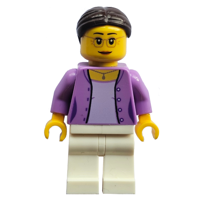 Femme, veste lavande moyen ouverte sur chemise de lavande, jambes blanches, lunettes (Female, Open Medium Lavender Jacket over Lavender Shirt, White Legs, Glasses)