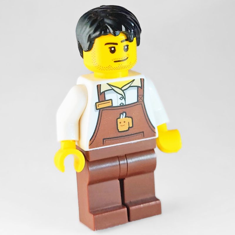 Barista, homme, chemise blanche, tablier brun rougeâtre, cheveux noirs (Barista, Man, White Shirt, Reddish Brown Apron, Black Hair)