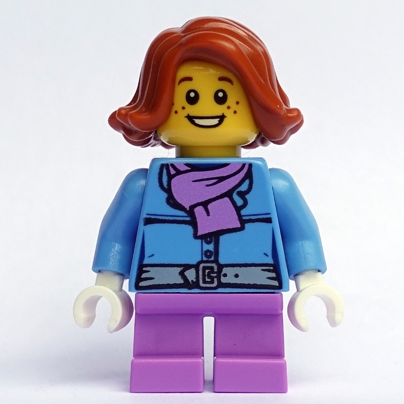Fille, veste bleu moyen avec écharpe lavande moyen, courtes jambes lavande moyen, cheveux orange foncé (Girl, Medium Blue Jacket with Medium Lavender Scarf, Short Medium Lavender Legs, Dark Orange Hair)