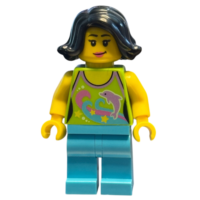 Femme, licol haut avec des dauphins, jambes azur moyen, cheveux noirs (Woman, Lime Halter Top with Dolphins, Medium Azure Legs, Black Hair)