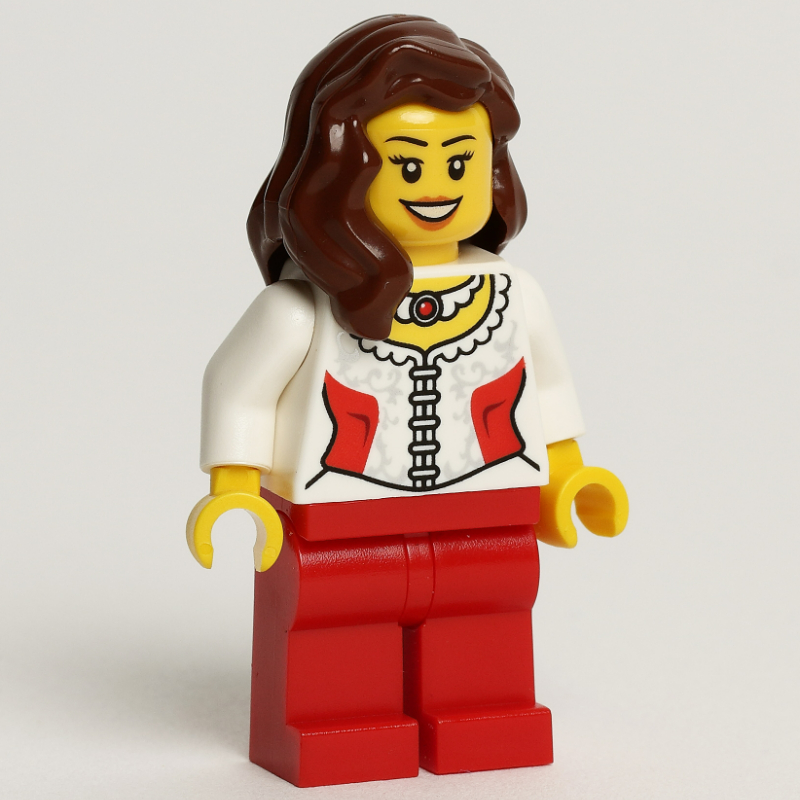 Femme, corset blanc avec des côtés rouges, collier, jambes rouges (Woman, White Corset with Red Sides, Necklace, Red Legs)