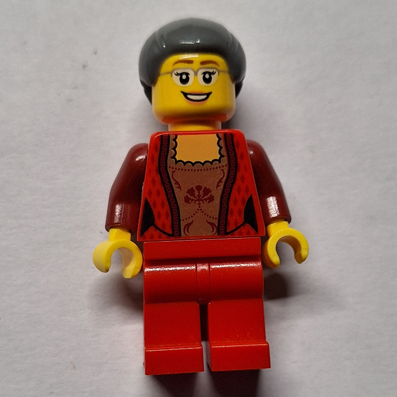 Femme, cardigan rouge, jambes rouges, cheveux gris bleuté foncé, lunettes (Woman, Red Cardigan, Red Legs, Dark Bluish Gray Hair, Glasses)
