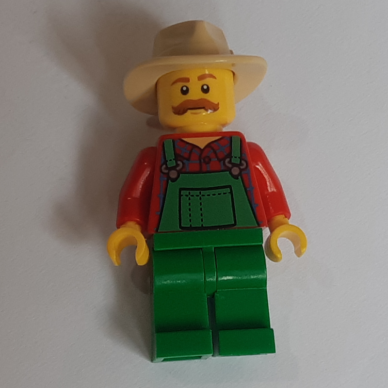 Homme, salopette verte sur chemise rouge, chapeau à grand bord beige (Man, Green Overalls over Red Shirt, Tan Wide Brim Hat)